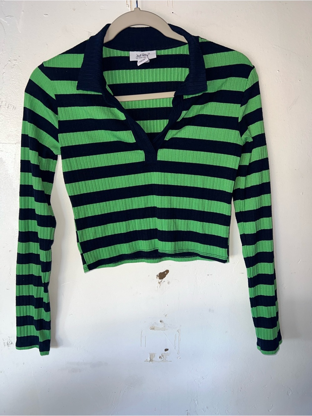 Just Polly Green & Black Striped Ribbed Long Sleeve Polo Crop Top